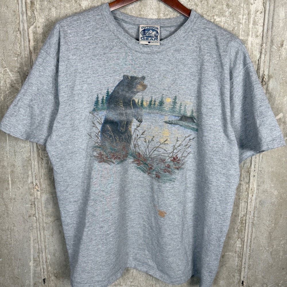 Vintage Outdoor Gear Bear Graphic T Shirt Mens Large Gray Made in USA 90s Single